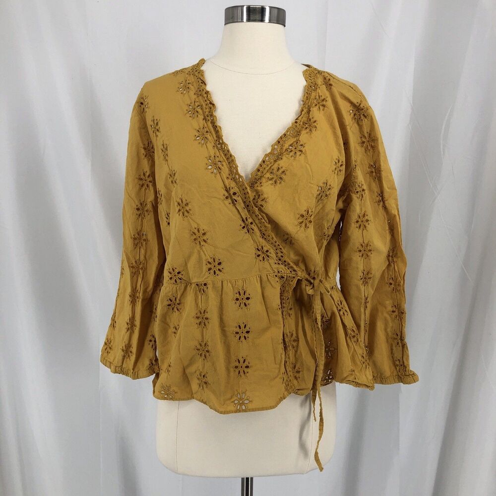 Women's Size Large Madewell Eyelet Wrap Lace Top Yellow Scalloped V-Neck Sheer